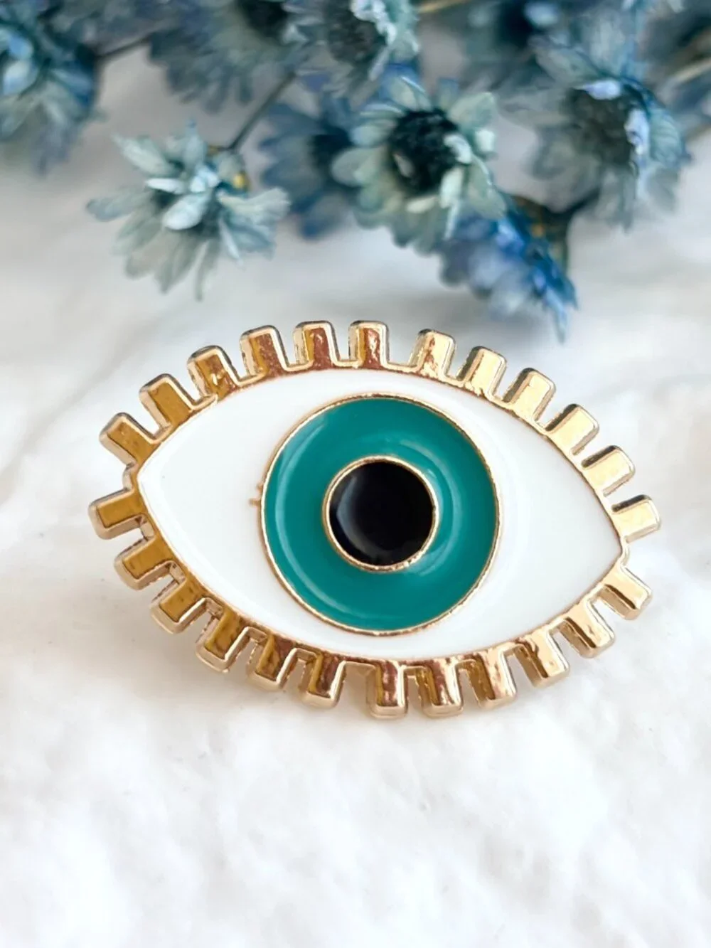 Evil Eye Enameled Blue Eye Good Luck Mati Shield Gold Toned Brooch Lapel Pin